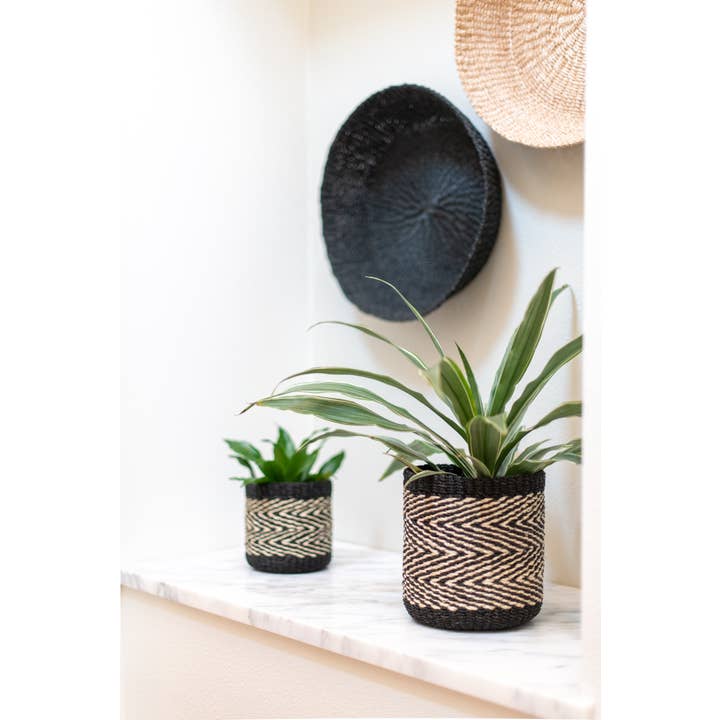 Abaca Barrel Zigzag Basket Container Set/2 (Natural/Black) for wholesale by Dekorasyon Gifts Decor