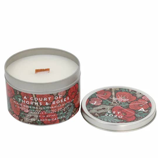 A Court of Thorns and Roses Wooden Wick 11 oz Tin Candle for wholesale by June Apothicarie