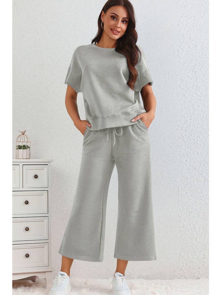 LA Society - Wholesale Lounge Set - Women's - Textured Loose Fit T Shirt and Drawstring Pants Set (S-2XL)