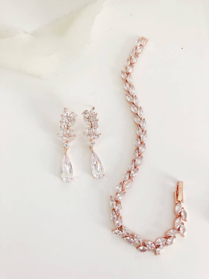 Jasmine Rose Gold Diamond Earrings and Bracelet Set for wholesale by Belle Box Boutique