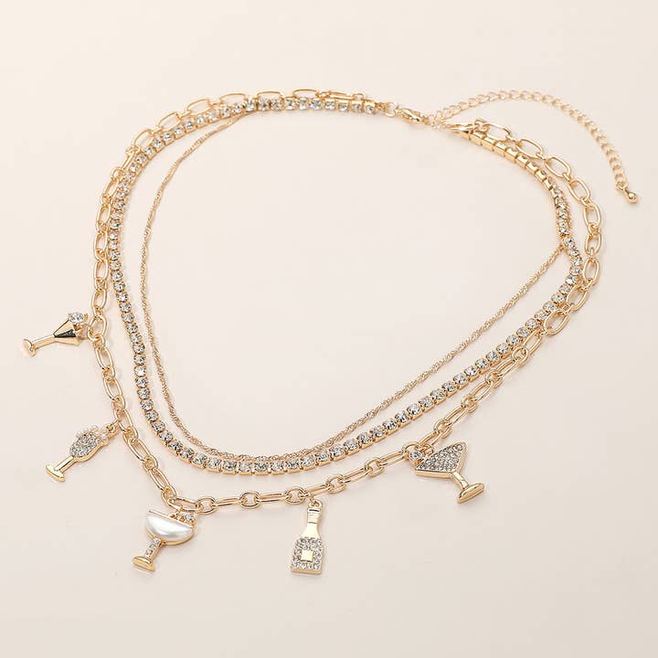 Sensibling Corp. - Wholesale Pendant/charm necklace - Rhinestone Pearl Embellished Drink-themed Charm Station Layered Chain Necklace1
