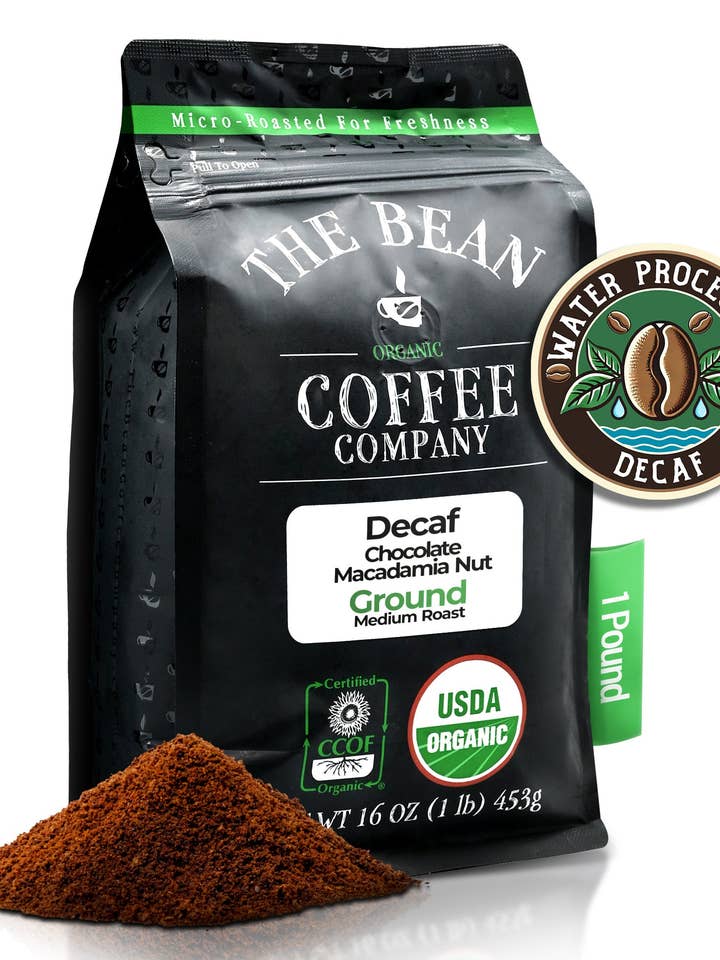 DECAF Organic Chocolate Macadamia Nut Flavored Coffee for wholesale by The Bean Coffee Company