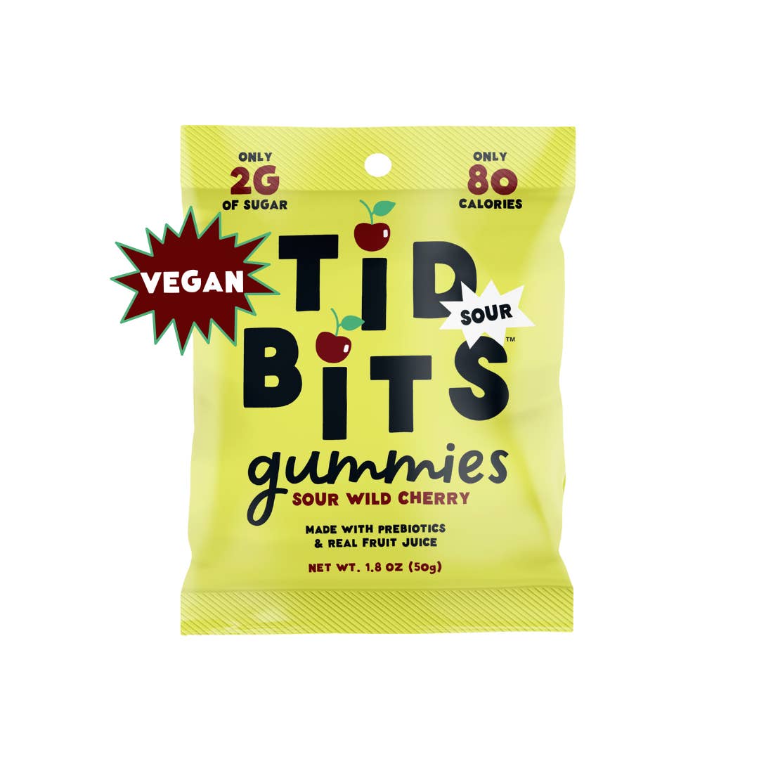 TiDBiTS Candy - Wholesale Gummy - 12pk Sour Wild Cherry Gummy Candy, LowSugar, Prebiotic Vegan