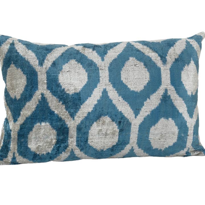 Ikat Lumbar Pillow, Sky Blue Silk Velvet Pillow Cover, Polka for wholesale by Vintage Pillows Store