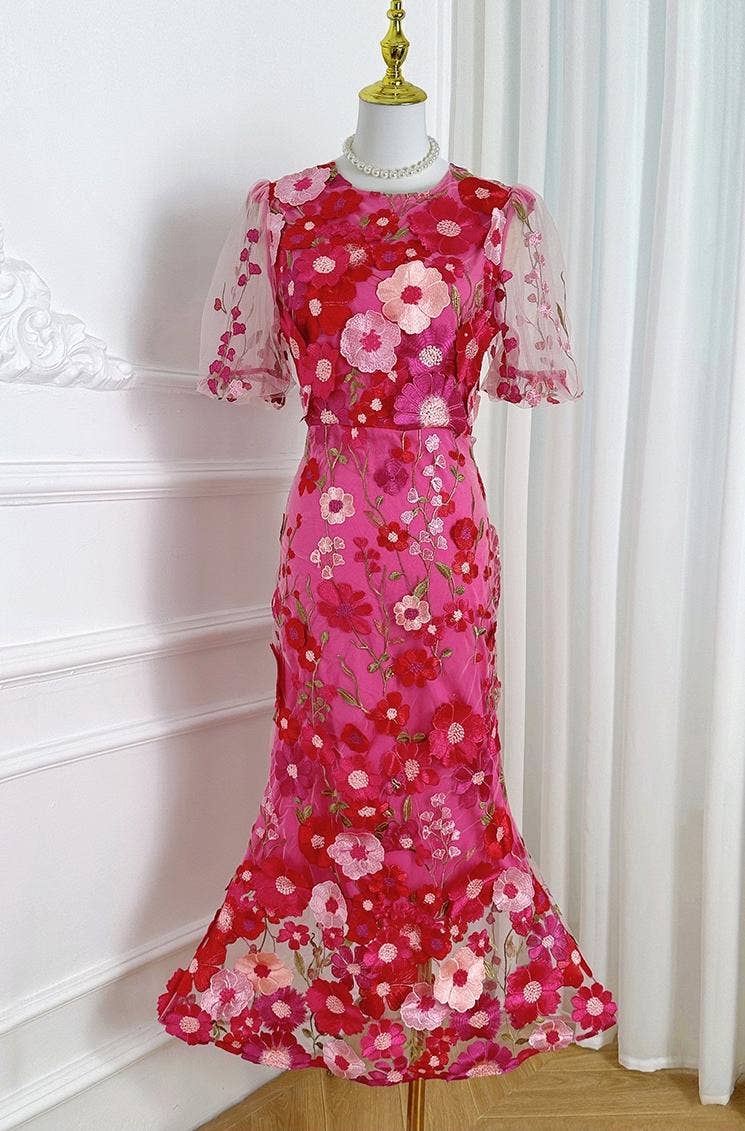 Sanyao Fashion - Wholesale Dress - Women's - SY474 3D Floral Embroidered Puff Sleeve Fishtail Skirt6