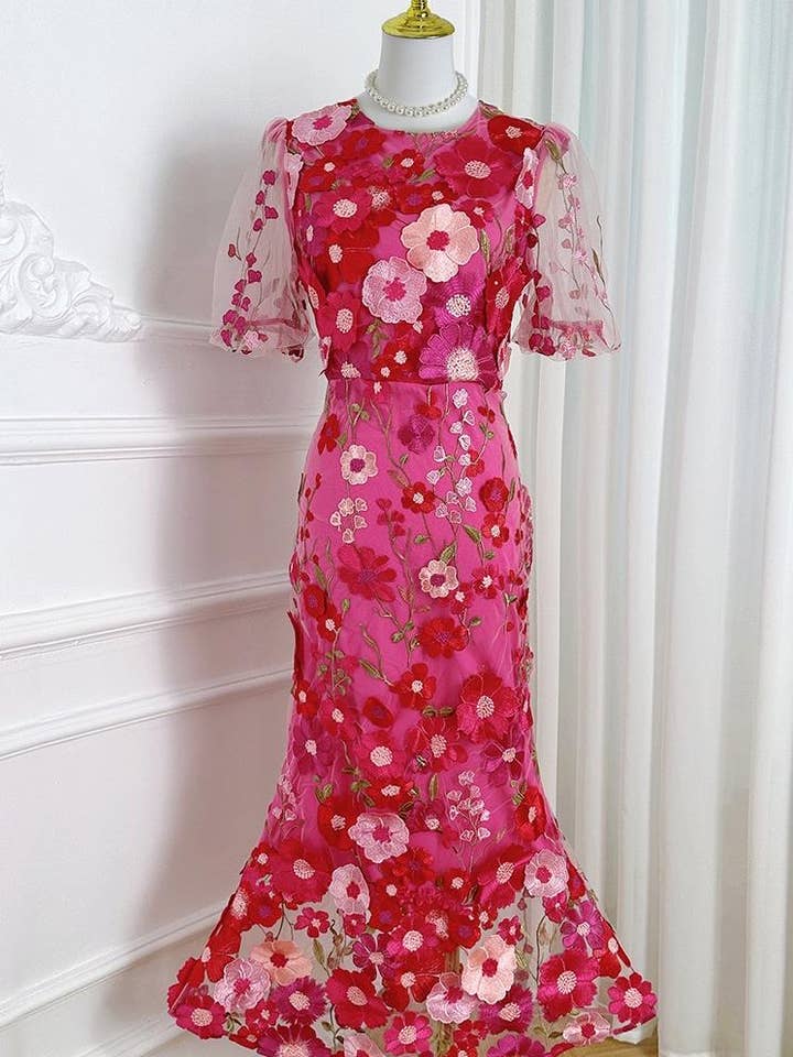 Sanyao Fashion - Wholesale Dress - Women's - SY474 3D Floral Embroidered Puff Sleeve Fishtail Skirt6