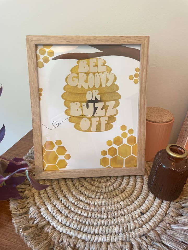 Bee Groovy Art Print, Retro Art, Beehive Art Print, honeybee for wholesale by Hippie Lou Studio