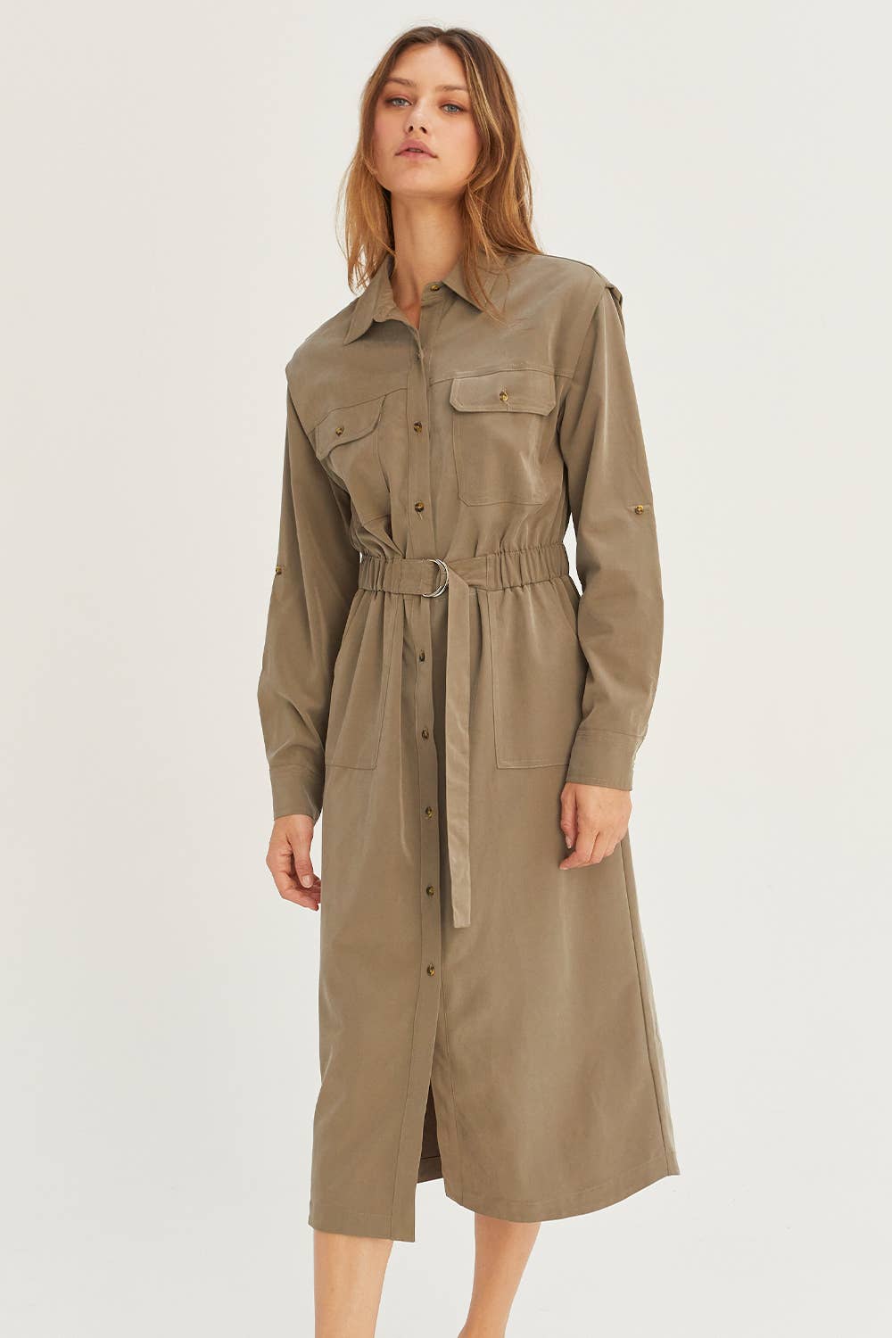 OLIVE CD8031 - Kayla Button Up Utility Midi dress for wholesale on Faire3