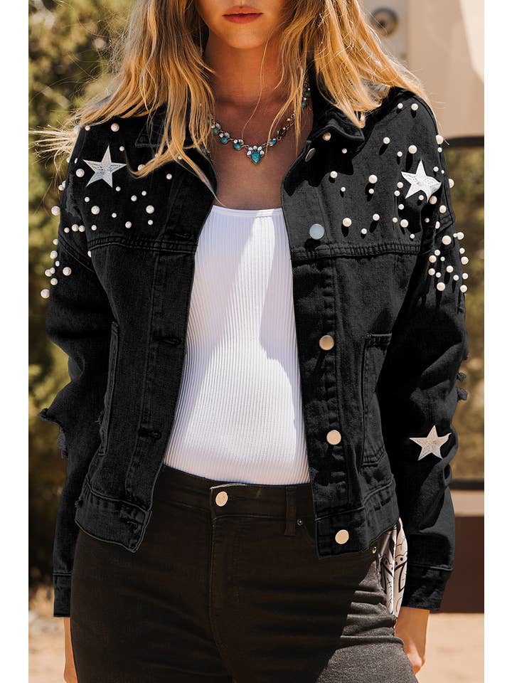 fashionworks - Wholesale Denim Jacket - Women's - Fashion-W Western Distressed Pearls Star Crop Denim Jacket