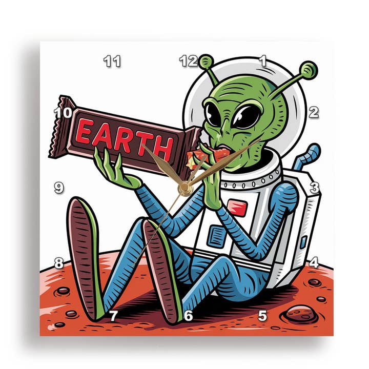 3dRose - Wholesale Wall Clock - 3dRose, Funny Cute Martian Space Alien on Mars eating Earth Candy Bar Satire, Wall Clock0