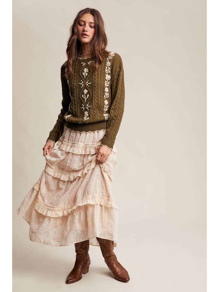 Listicle - Wholesale Pullover-trui - Dames - Gebreide Trui met Bloemenborduursel en Kabelpatroon21
