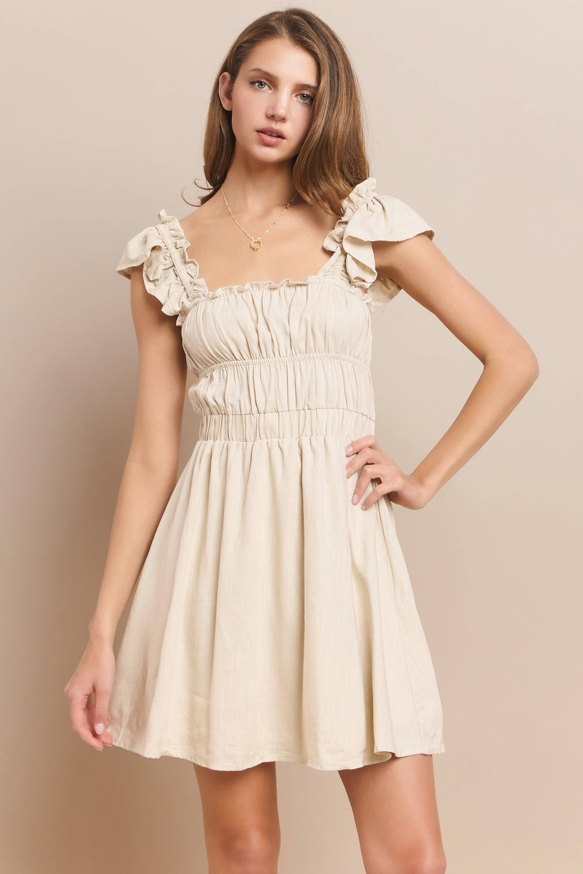 WISTERIA LANE – wholesale Klänning - Dam – PLISSE MINIKLÄNNING W3116D NATURLIG4