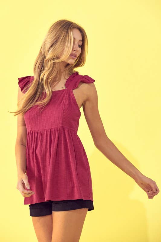 Bianco Off Top Babydoll lavorato a costine, cinturino arricciato, bottoni sul retro - 40075T in vendita all'ingrosso su Faire7