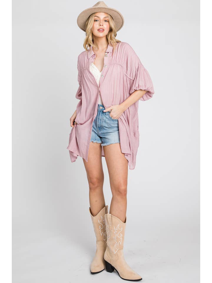 ELLEBORN - Wholesale Dress - Women's - Shirred button-down shirt dress 3136D-11