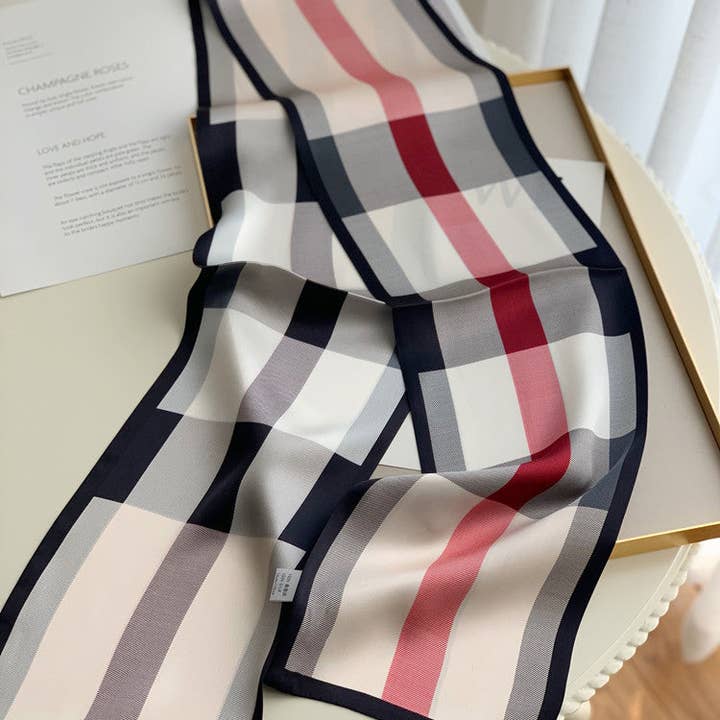 SueSilkHK - Wholesale Scarf - Women's - Beige Checkered Double Sided Mulberry Silk Ribbon Scarf - Simple and Elegant for Spring/Summer - Long Silk Scarf - Gift for her