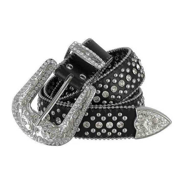 Black With Studs And White Stones Studded Rhinestones Belts for wholesale by Rhinestone Belt Store