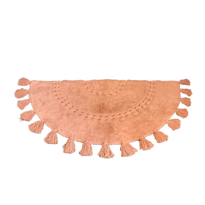 Crocheted Half Moon Bath Rug with Tassels - Pink for wholesale by Maia Homes