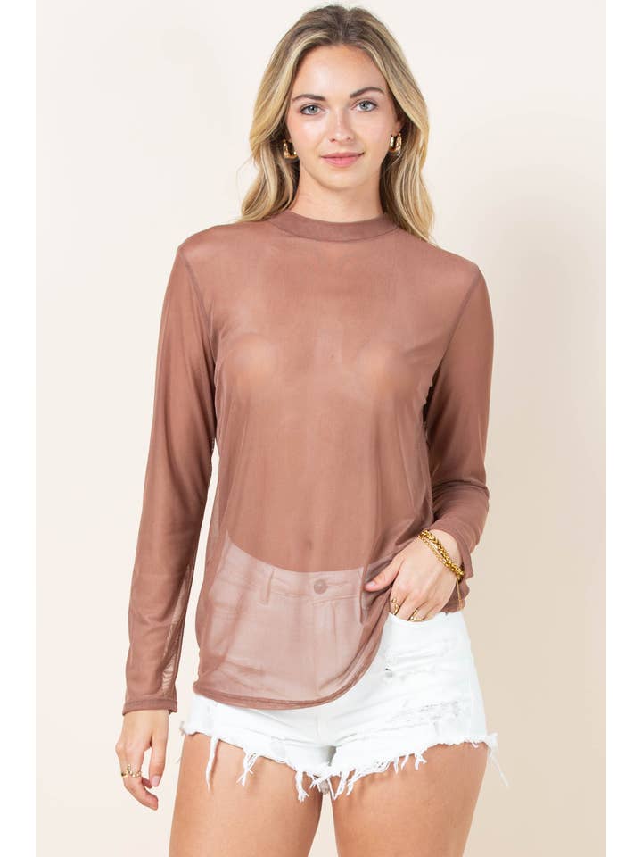 Mocha AV1230-GEMMA SOLID SEMI SHEER LONG SLEEVE MESH TOP for wholesale on Faire1