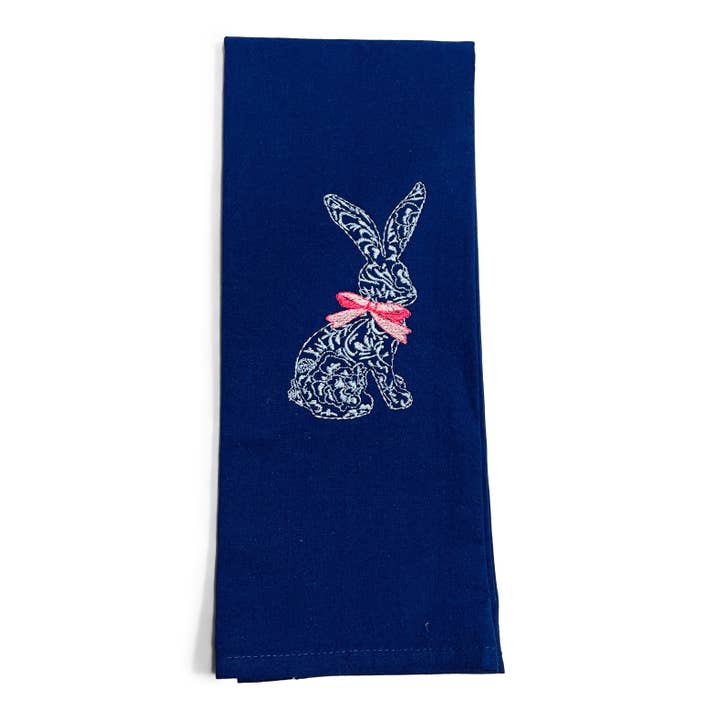 Vibrantly Blue - Wholesale Tea Towel - Towel - Chinoiserie Bunny with Bow on Navy