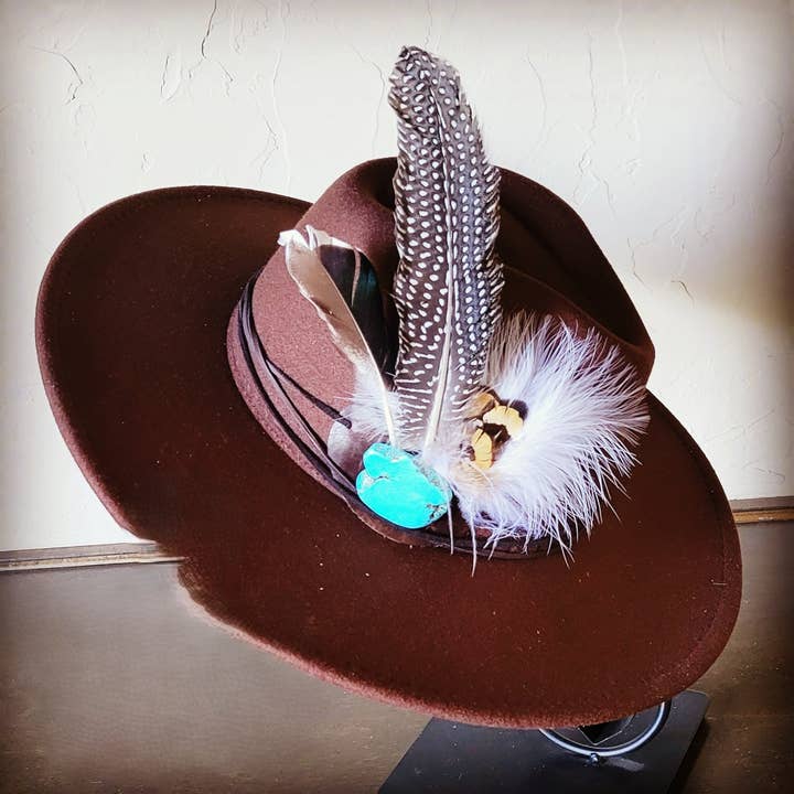 Guinea Marabou Feather & Turquoise Slab Hat Band + Choice of Hat 985y for wholesale by The Jewelry Junkie