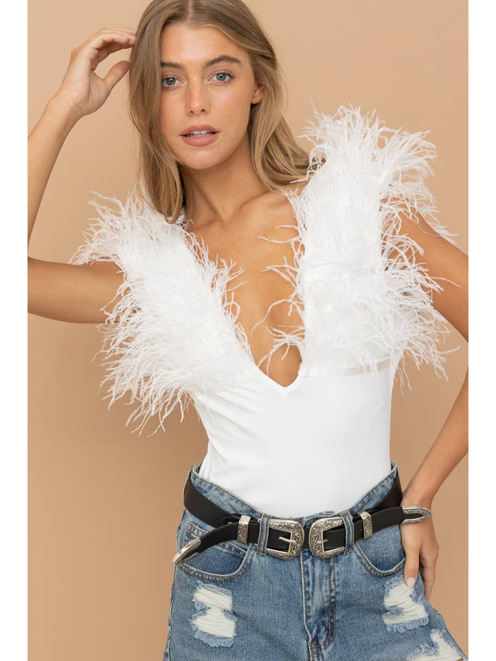 Blue B - Wholesale Bodysuit - Women's - 22309T - Deep V Jersey Feather Shoulder Bodysuit