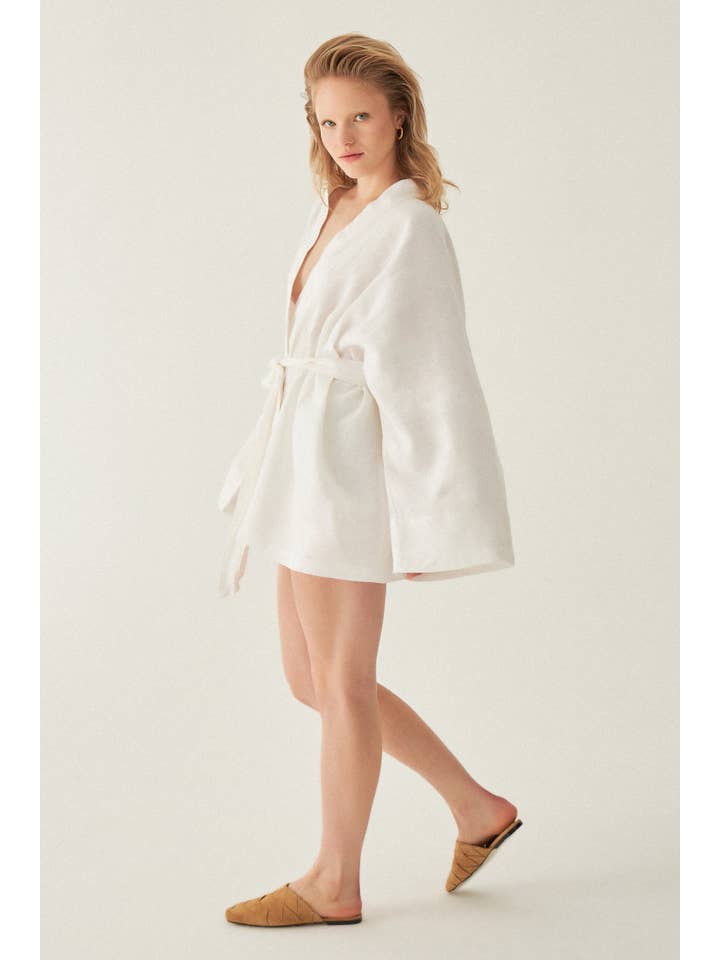 Le Cle – Kimono - Mulher por atacado – Kimono Riva em linho de corte amplo e comprimento curto3