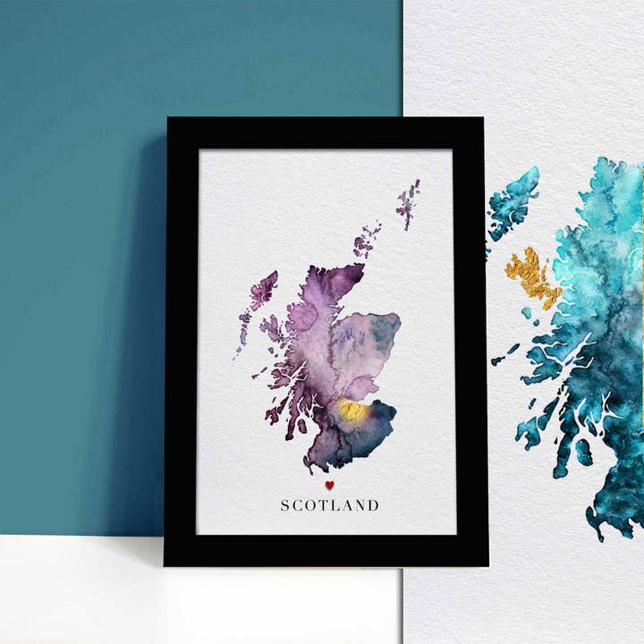 Scotland Watercolour Gold Map Giclee Print for wholesale by EJayDesign