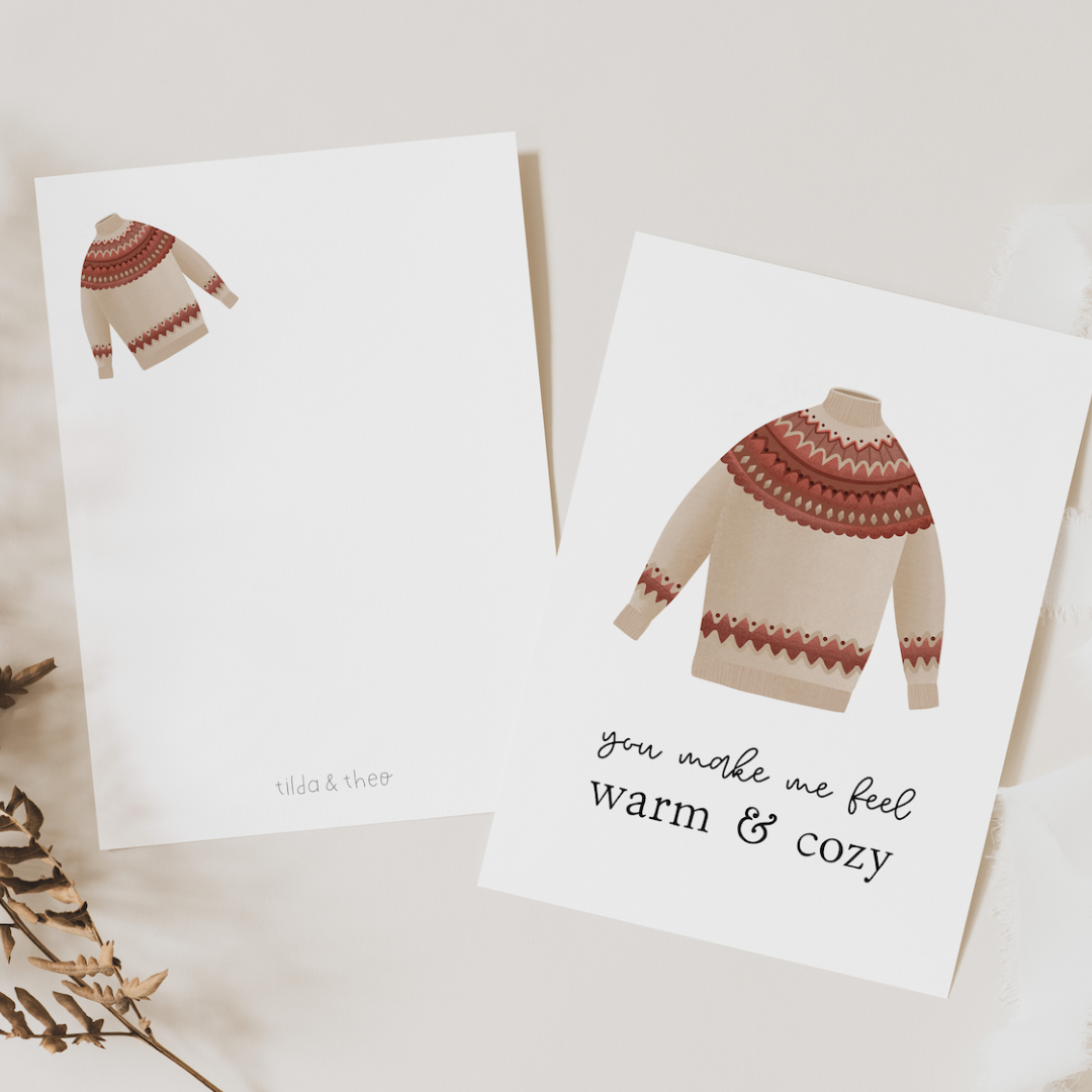 Tilda&Theo - Wholesale Ansichtkaart - Ansichtkaart met Noorse trui - warm en gezellig1