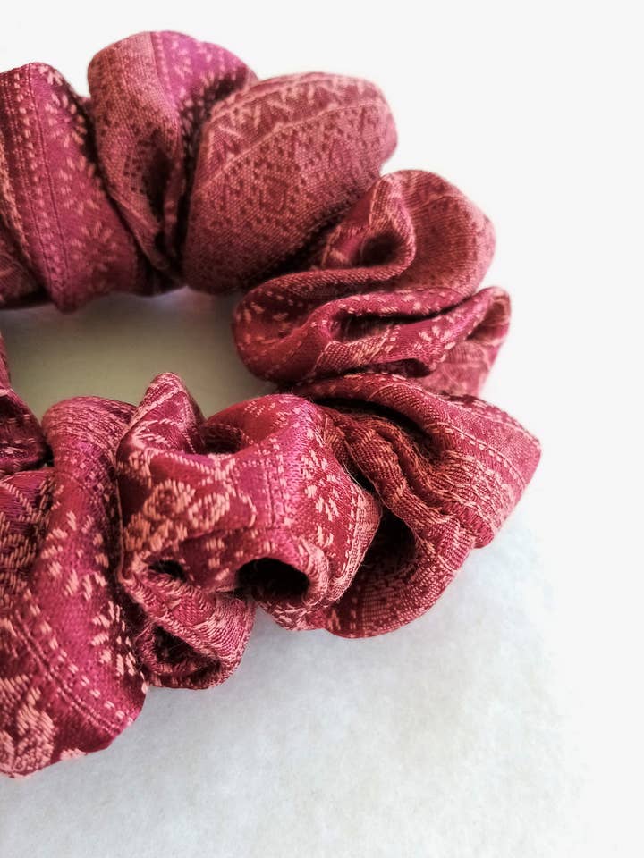 Red Bordeaux Brocade Satin Scrunchie with Embroidered Motifs for wholesale by Esmée AccessoriesNco