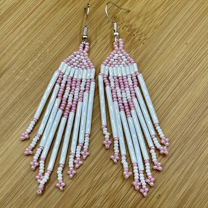 BEADS CORNER - Wholesale Dangle Earrings - Handmade Beaded Light Pink White Bugle Seed Bead Earrings