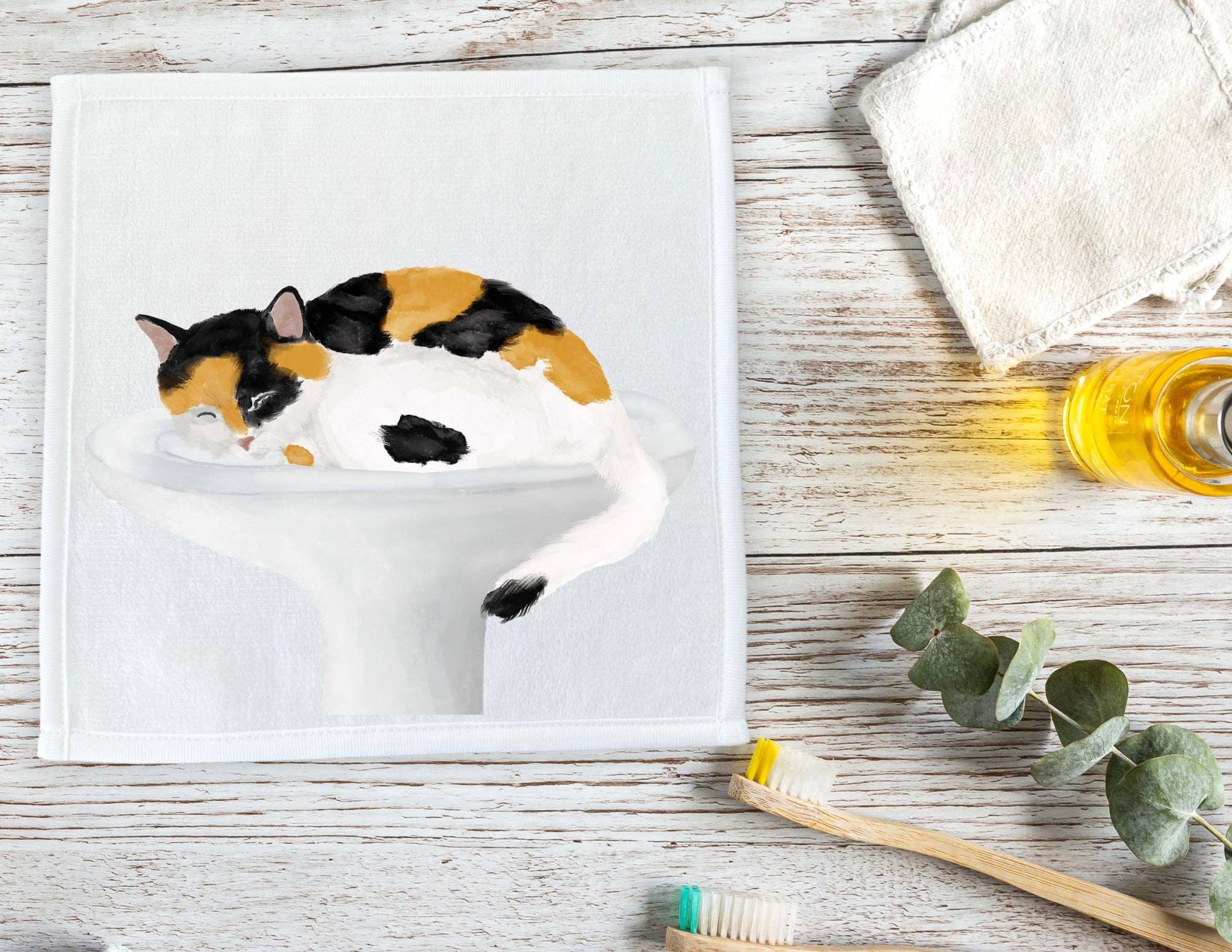 MerikaArt – Großhandel Waschlappen – Kaliko-Katze im Waschbecken Waschlappen3