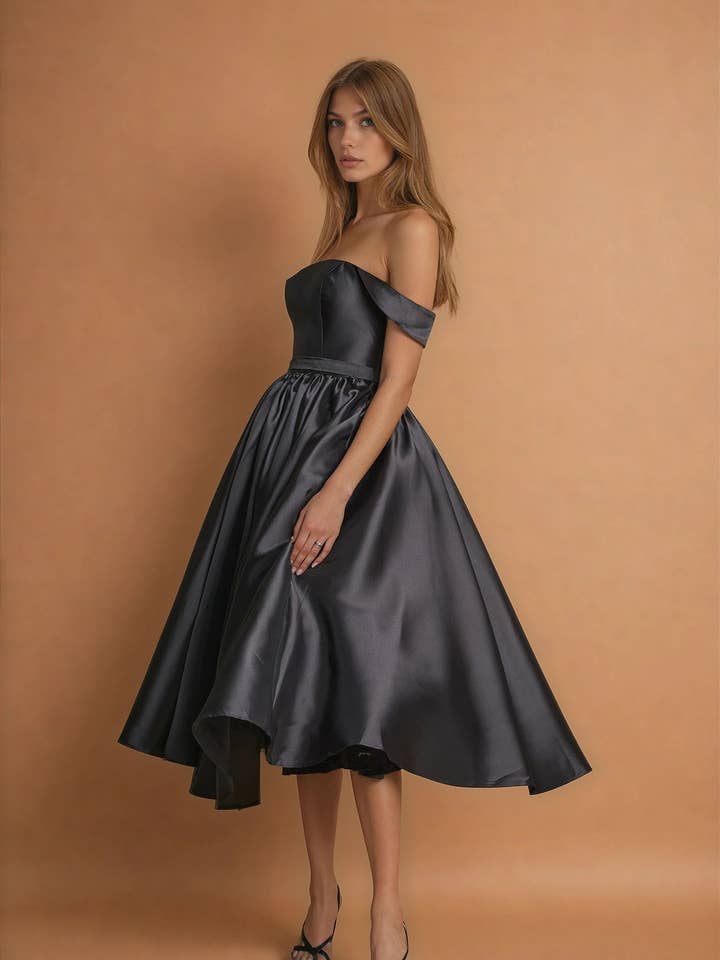 Vestido de cóctel formal negro de etiqueta midi para venta al por mayor de Kos Couture