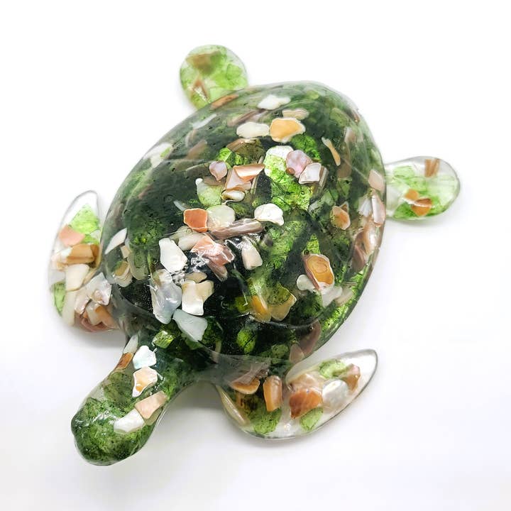 Resin Sea Turtle Figurine-Made w/ Green Seaglass & Seashells for wholesale by JEMS of the Sea
