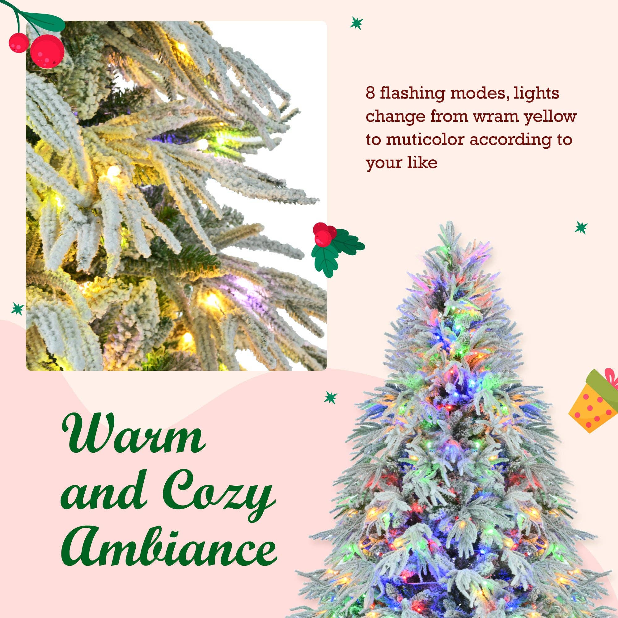 39F Inc. - Wholesale Artificial Christmas Tree - 7.5/6FT Pre-Lit Snow Flocked Christmas Tree (350 LED Lights)5