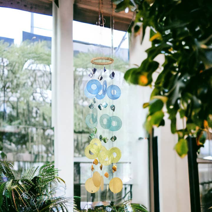 Om Gallery - Wholesale Wind Chime - Capiz Chime Round - Blue / Green2