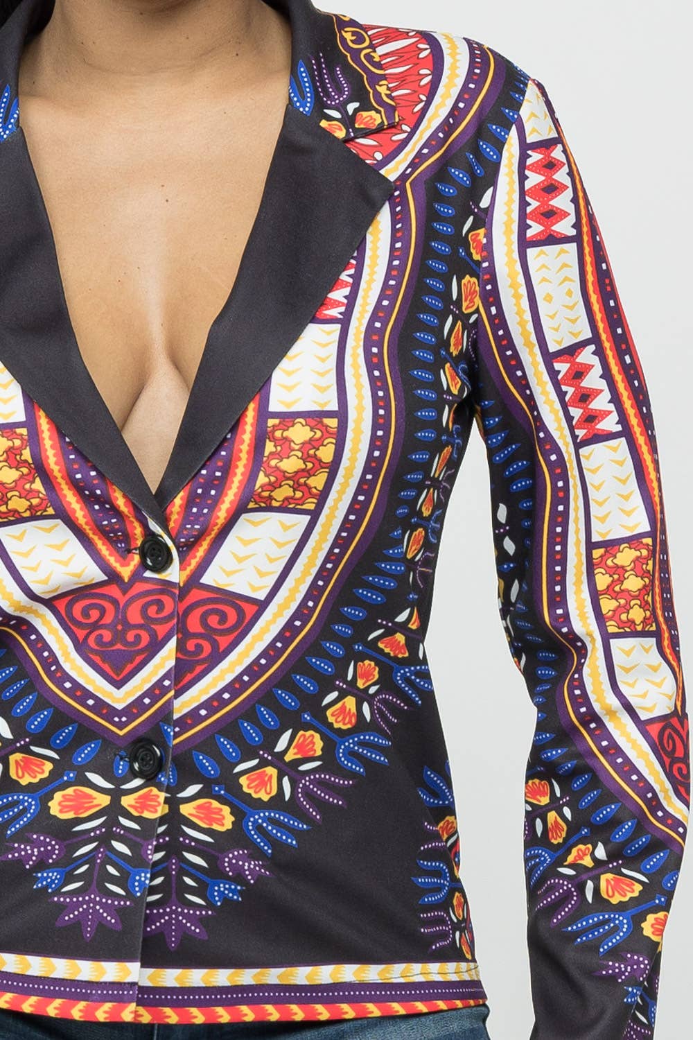Black Multi Dashiki Print Functional Button Collared Blazer for wholesale on Faire5