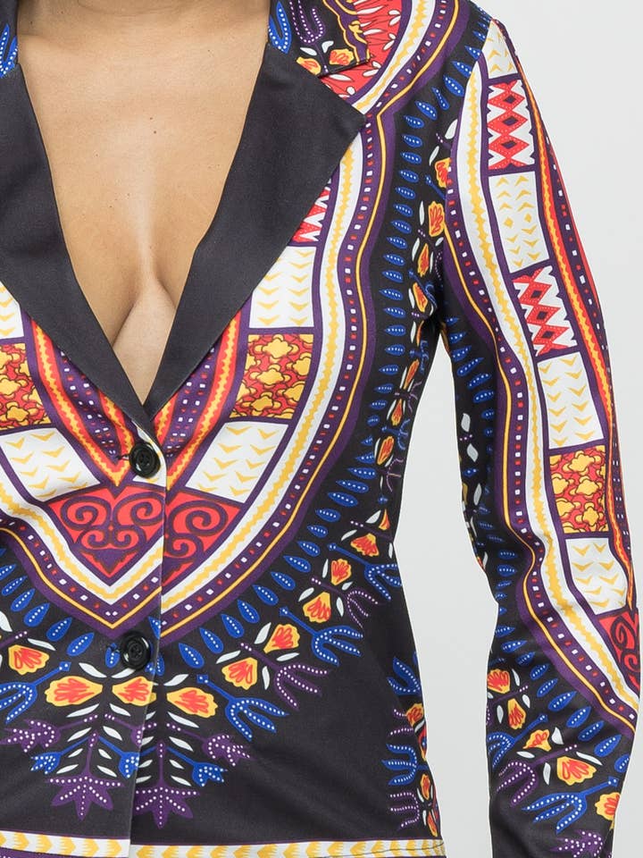Black Multi Dashiki Print Functional Button Collared Blazer for wholesale on Faire5