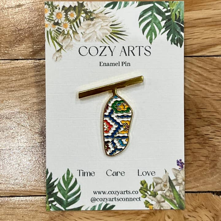 Cozy Arts Enamel Pin, Quilted Chrysalis for wholesale by Cozy Arts