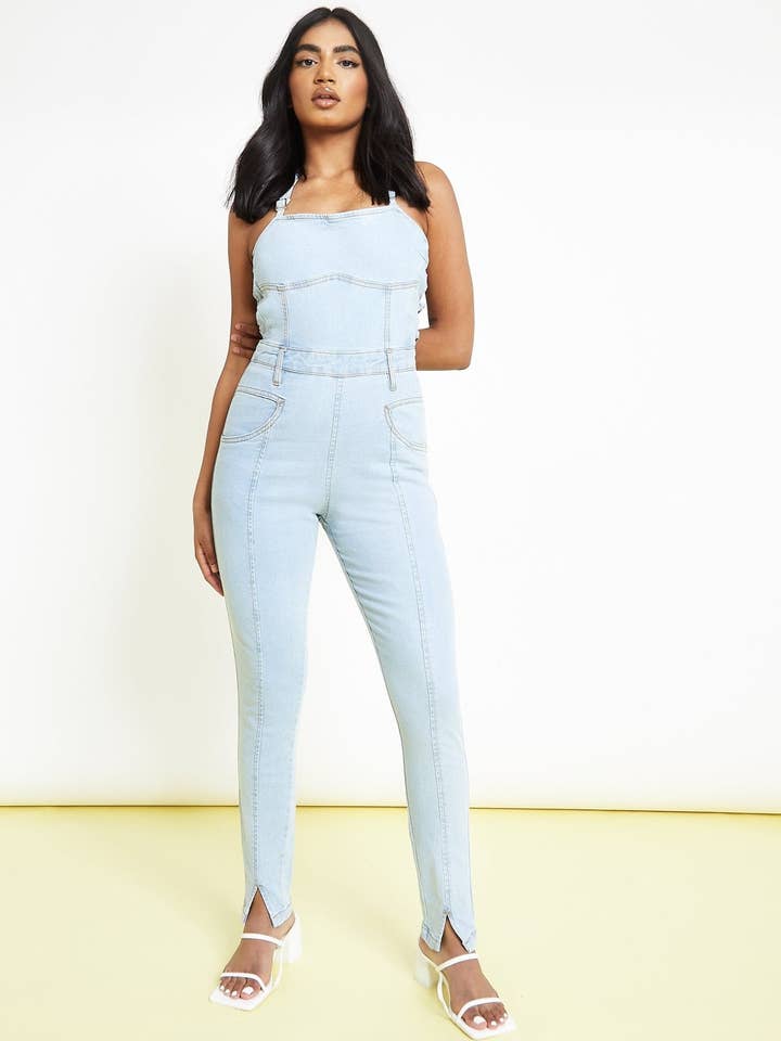 Tesa Light Blue Belted Denim Jumpsuit – Light Blue Wash for wholesale by JMOJO UK Limited
