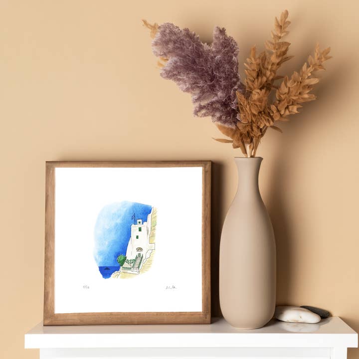 Acquerello: Amorgos, Cicladi, Grecia (15x15cm) per la vendita all'ingrosso da parte di Atelier Nunila