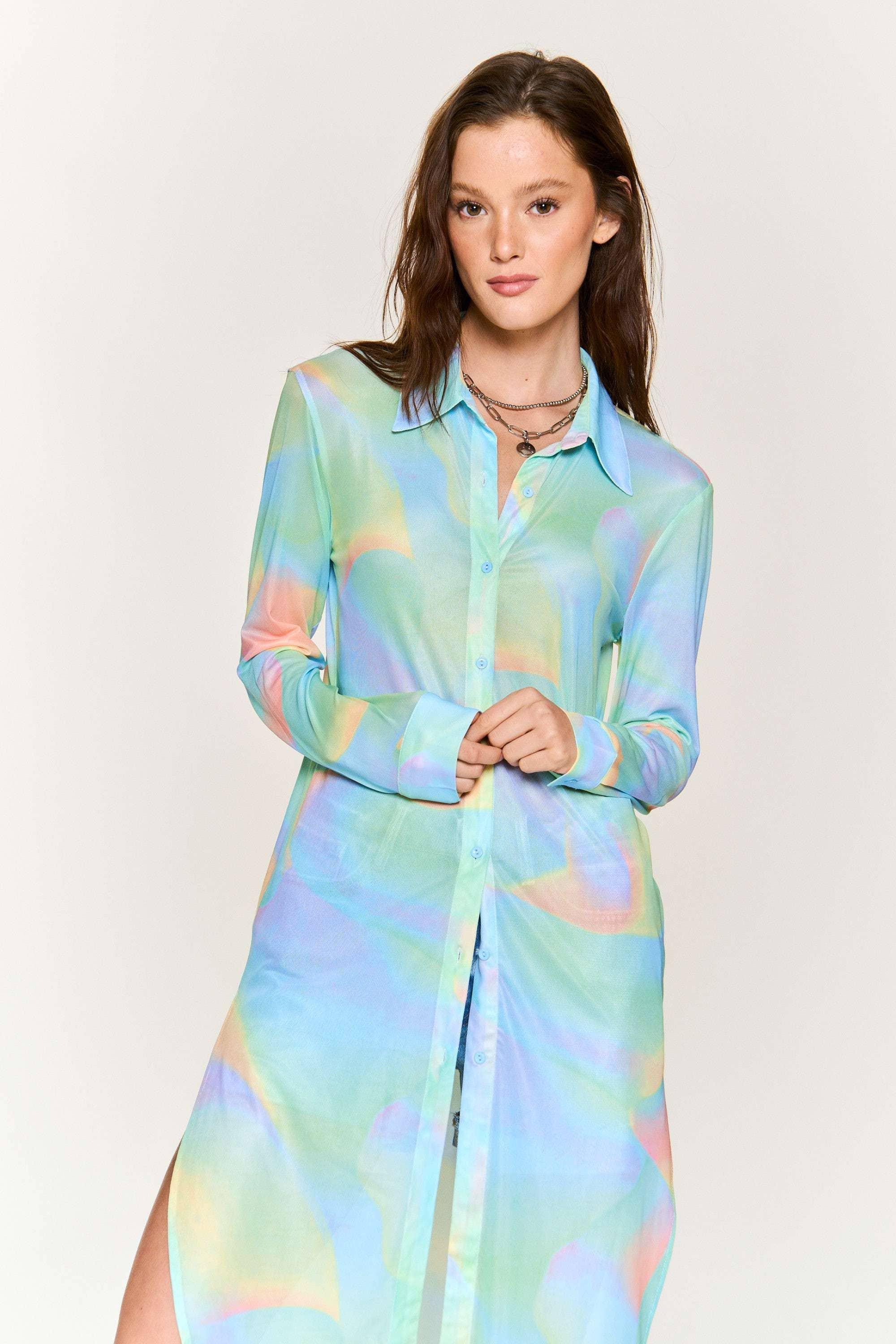 Hers & Mine - Wholesale Button Down Shirt - Women's - MESH TIE DYE BUTTON DOWN TUNIC SHIRT5