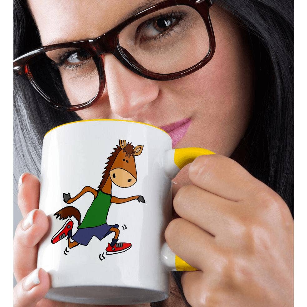 3dRose - Vente Tasse à café - 3dRose, Tasse avec dessin humoristique de cheval bai courant ou trottant1