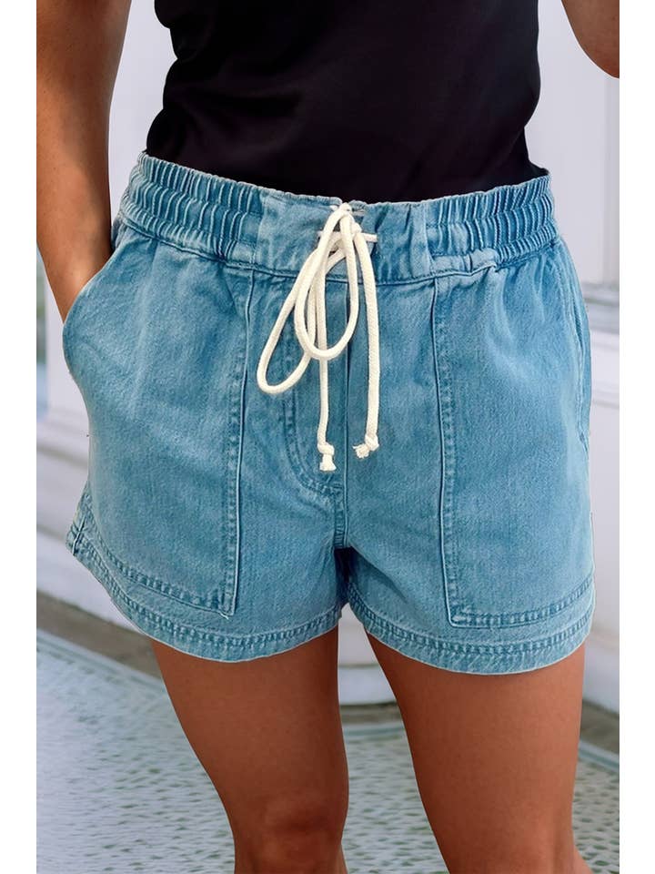 Beau Blue LDC Contrast Drawstring Elastic Waist Denim Shorts for wholesale on Faire