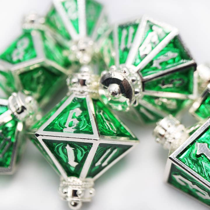 Foam Brain Games - Wholesale Dice - Moonlit Lantern: Silvered Acidfire - Metal RPG Dice Set4