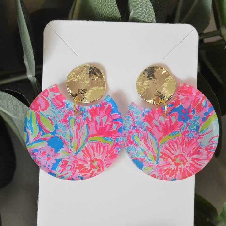 The Adorned Fox - Wholesale Dangle Earrings - Preppy Earrings, Colorful Notched Circle Earrings, Floral Su3