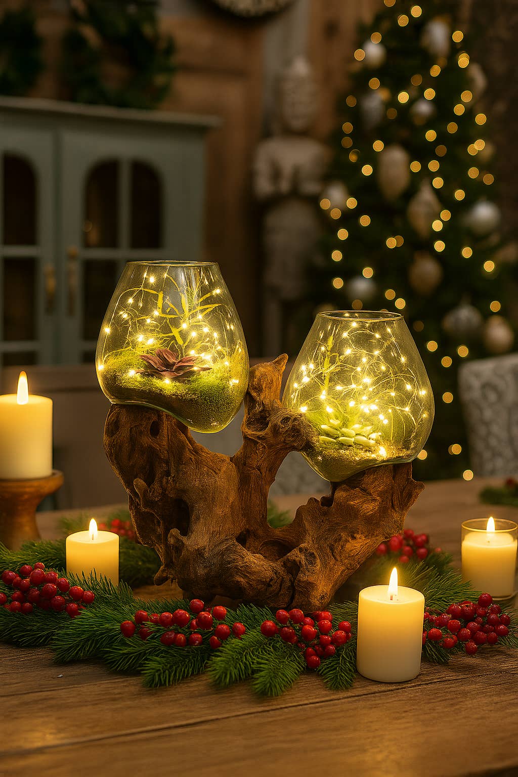 Asia West - Wholesale Terrarium - Double Terrarium-Molten Glass on Wood