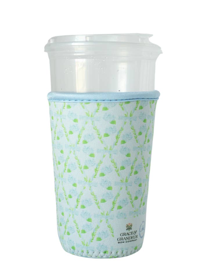 Iced Coffee Sleeve, Drink Sleeve - Blue Hydrangea Trellis for wholesale by Grace & Grandeur