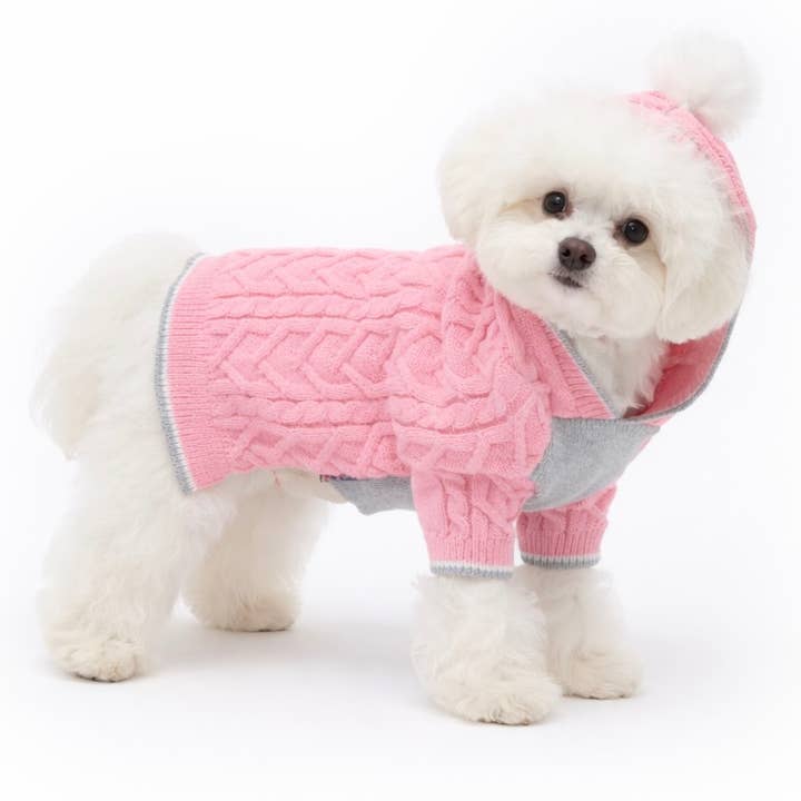 Monaco Pink Dog Cable Knit Hoody-warm, luxurious for wholesale by PetLondon