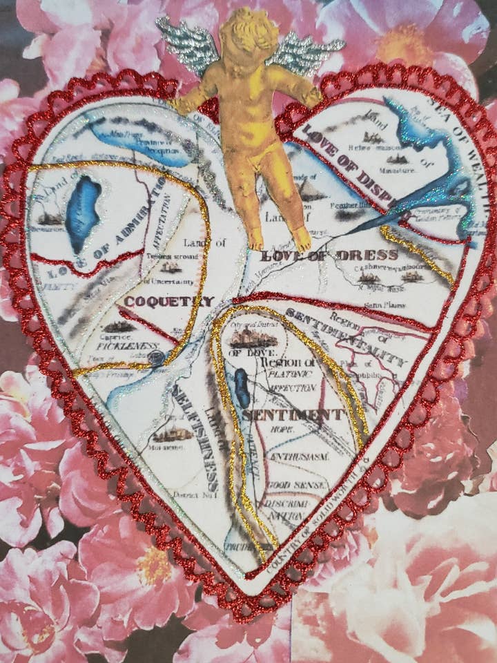 Cartolina vintage a forma di cuore, carta Love Map, carta cartografica di San Valentino per la vendita all'ingrosso da parte di Erica DiPaolo Designs