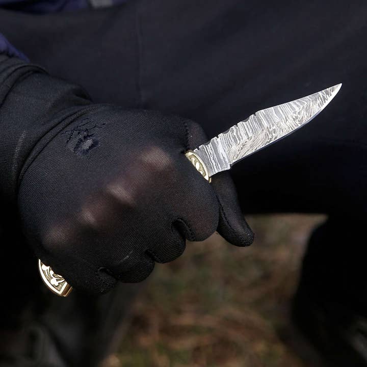 Shokunin USA – wholesale Fickkniv/Hållare – Damaskus fällbar jaktkniv med palisander och mässingshandtag4